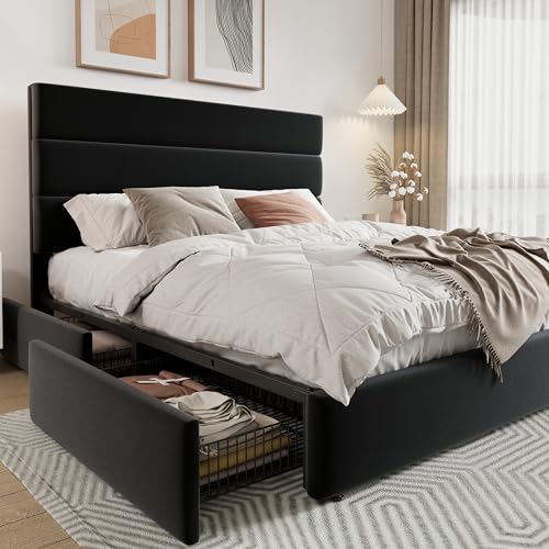 White Full Size Platform Bed Frame with 4 Storage Drawers and Velvet Upholstered Headboard I64265