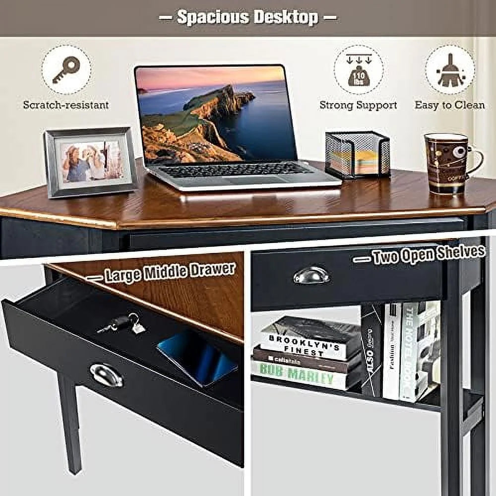 White Corner Desk with Drawer and Shelves H425