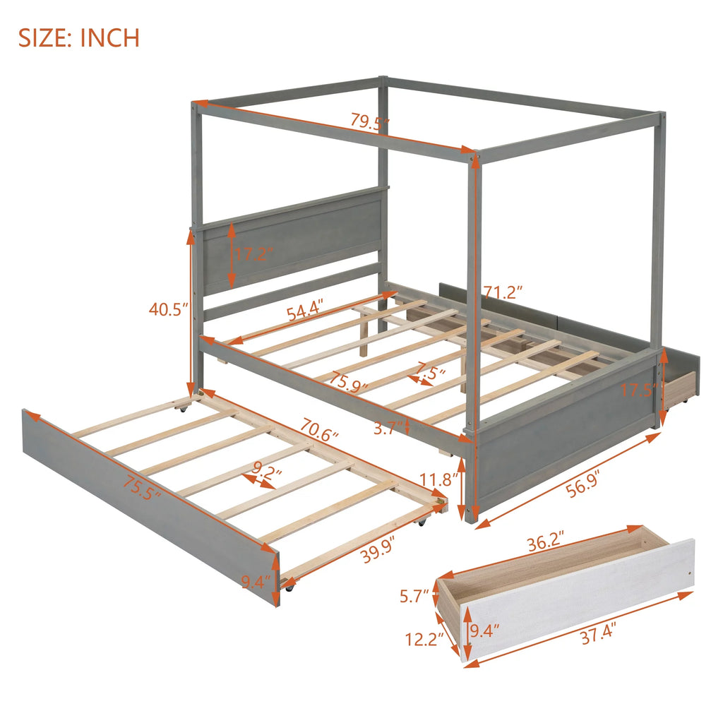 Gray Full Size Canopy Bed Frame with Trundle and 2 Storage Drawers B867