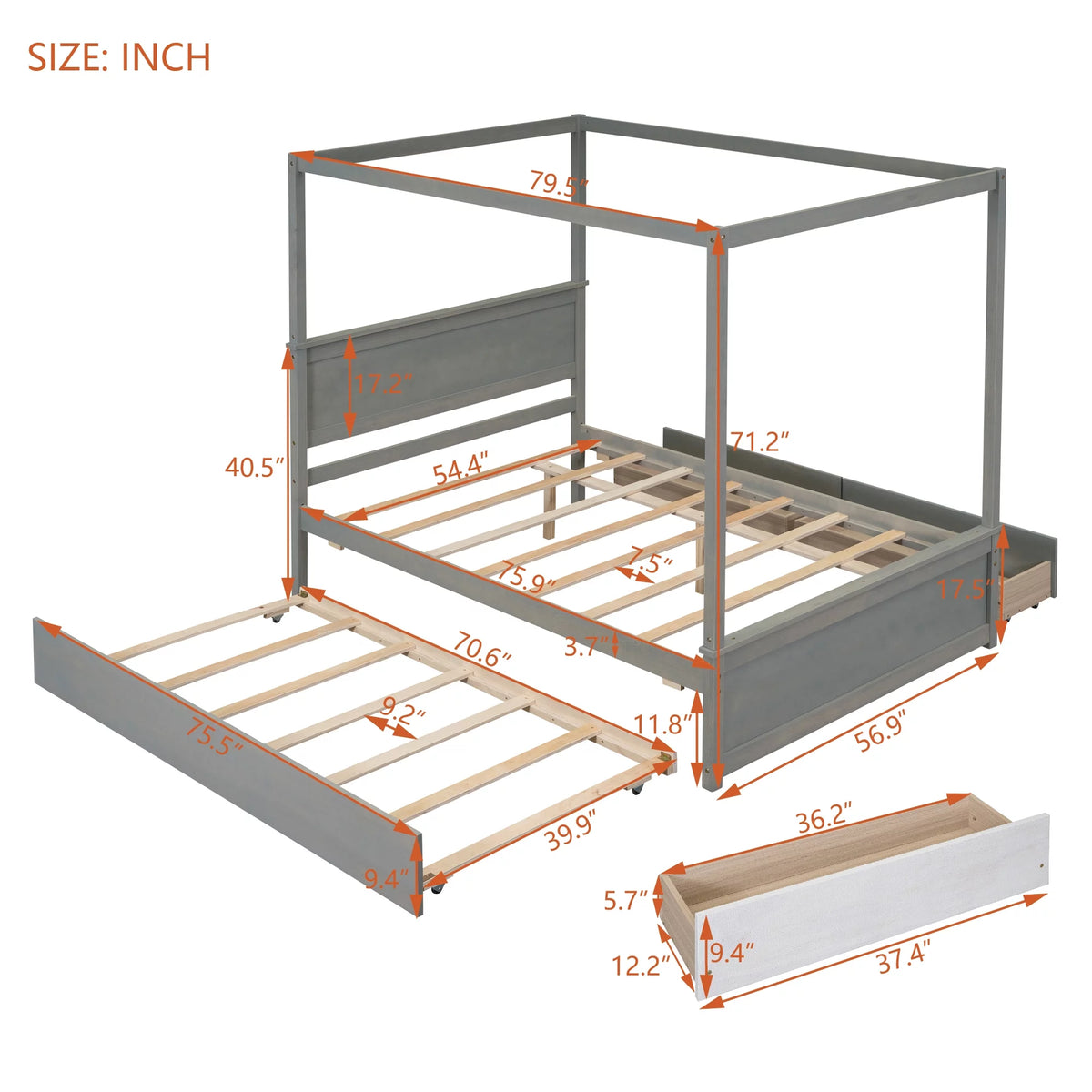 Gray Full Size Canopy Bed Frame with Trundle and 2 Storage Drawers B867