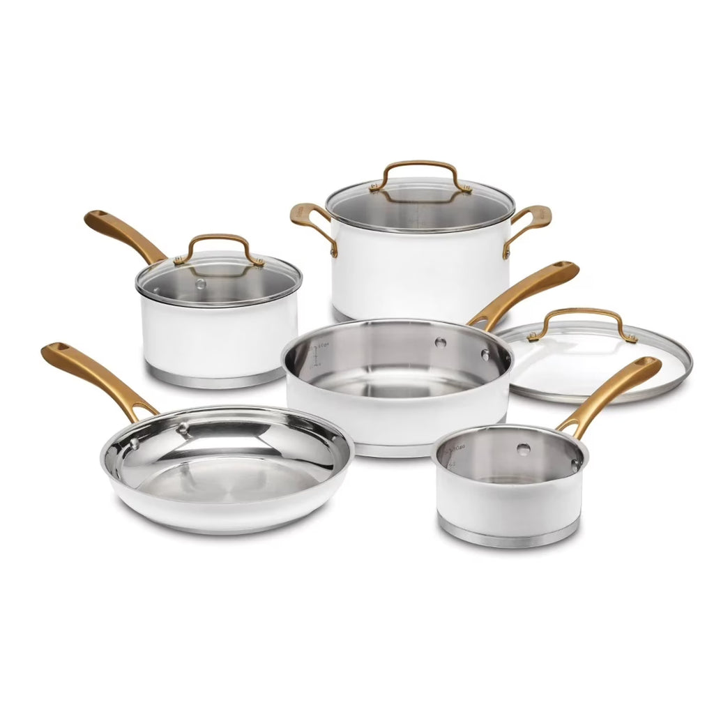 8pc Stainless Steel Cookware Set with Brushed Gold Handles Matte White K3307