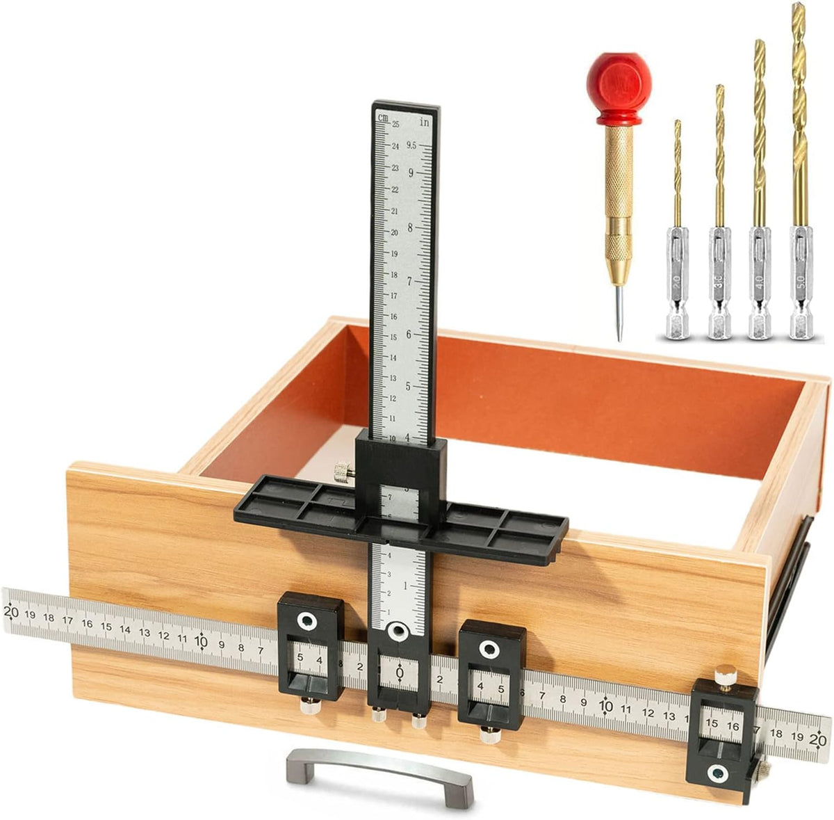 Cabinet Hardware Jig, Aluminum Alloy Handle Template Tool with Automatic Center Punch and 4 Drill Bits L8950