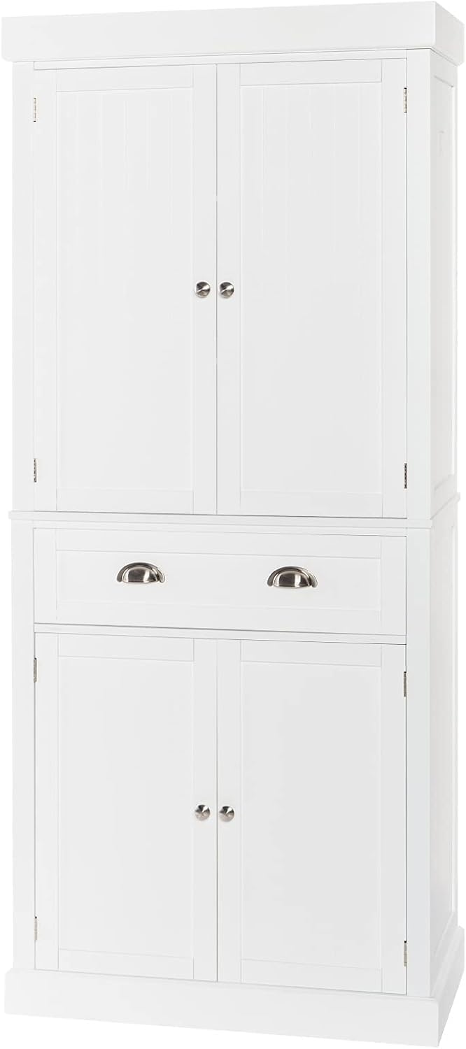 White 72" Tall Freestanding Wood Pantry Cabinet with Doors and Shelves U824