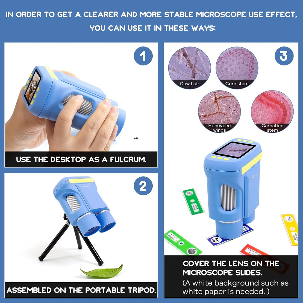 Kids Microscope and Telescope Double Lens, Portable Handheld Microscope Binoculars, Digital Camera and Video Microscope Kit, 2 LCD Blue C8769