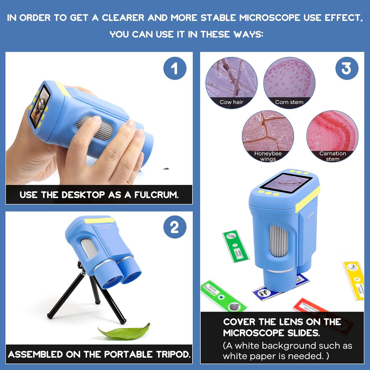 Kids Microscope and Telescope Double Lens, Portable Handheld Microscope Binoculars, Digital Camera and Video Microscope Kit, 2 LCD Blue C8769