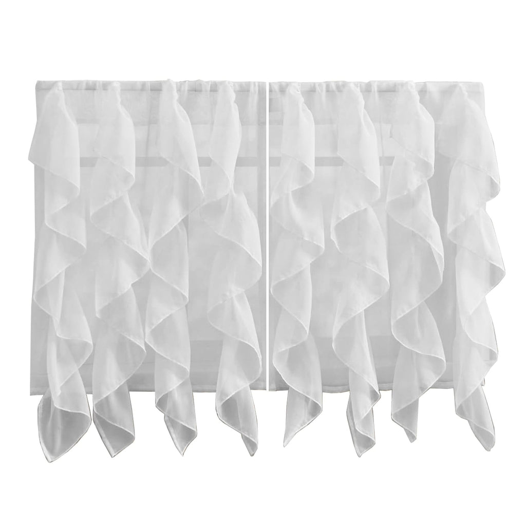 White Vertical Ruffled Waterfall Valances and Curtain Tiers 24" tier pair T6802
