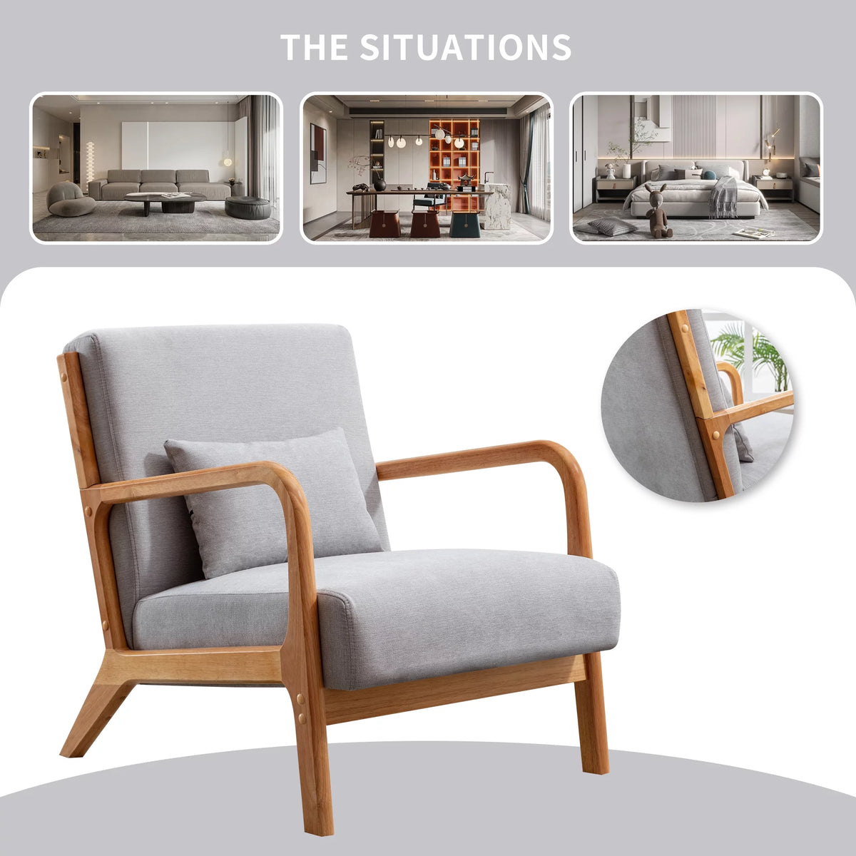 Beige Fabric Accent Armchair with Wood Frame V77770