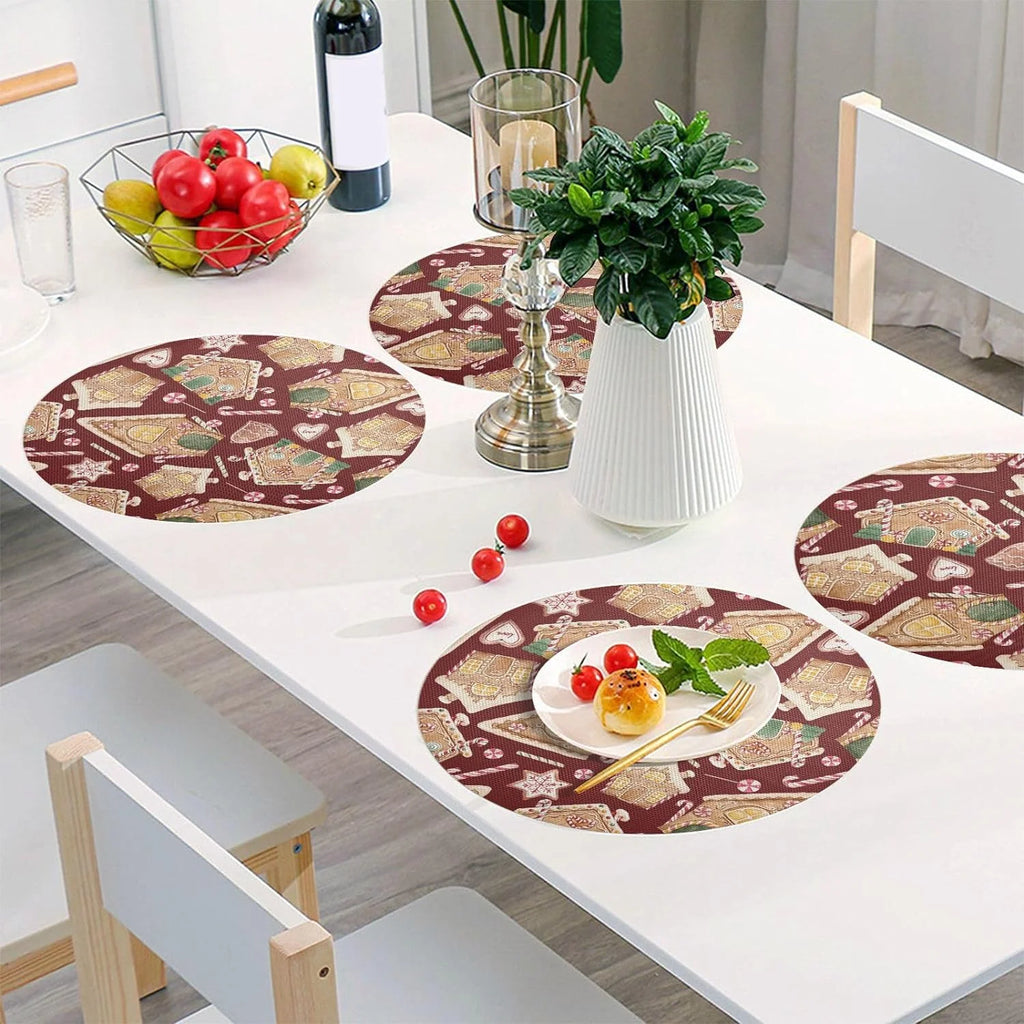 Christmas Gingerbread House Round Placemats Set of 6 Non-Slip PVC Washable Heat Resistant 15.4 Inch U1486