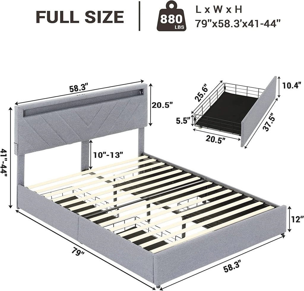 Queen Size LED Upholstered Platform Bed Frame with Drawers Q628331