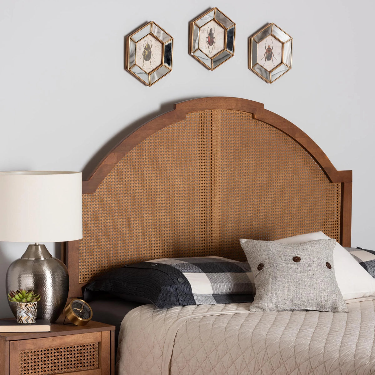 Ash Walnut Finished Wood Queen Size Headboard with Rattan H856