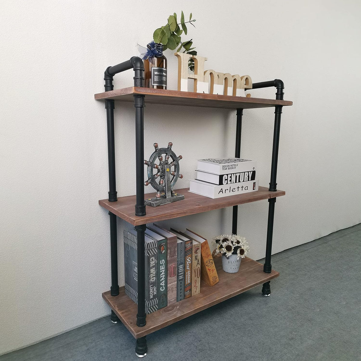 3 Tier Solid Wood Iron Pipe Bookshelf A6045