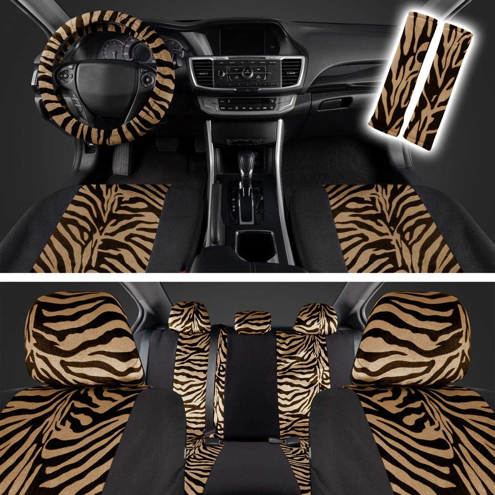 Zebra Print Car Seat Covers Full Set with Seat Belt Pads and Steering Wheel Cover H98746