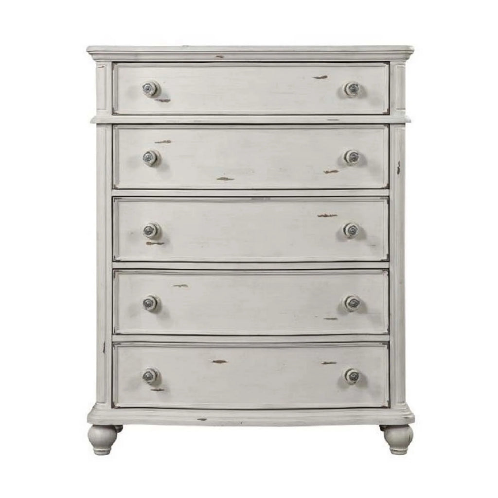 Antique White 5-Drawers Wood Dresser Chest with Turned Legs A865