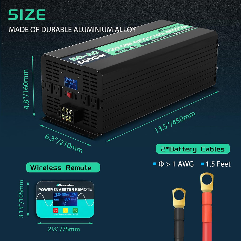 5000W Pure Sine Wave Power Inverter 12V DC to 110V AC with Wireless Remote Control LCD Display W862