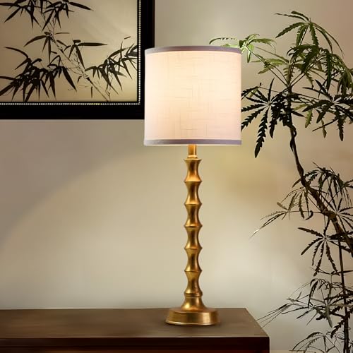 Gold Table Lamp Set of 2 Metal Bamboo Shape Linen White Shade H7210