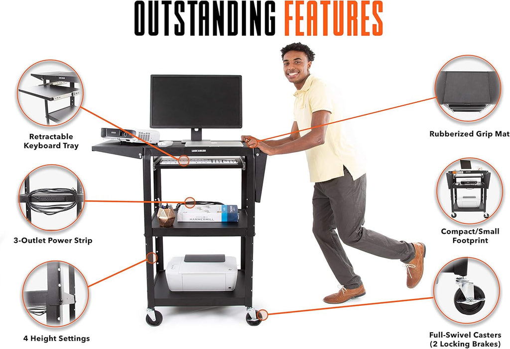 Black Height Adjustable Utility Cart with Drop Leaf Shelves and Pullout Laptop Tray D4064