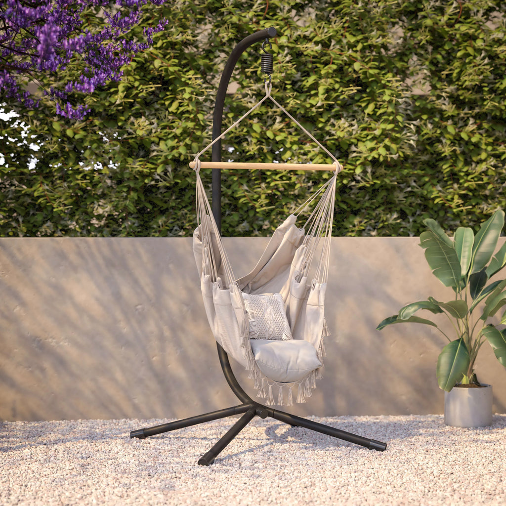 Heavy Duty All-Weather Hanging Hammock Chair C-Stand with Steel Offset Base, Black K684676