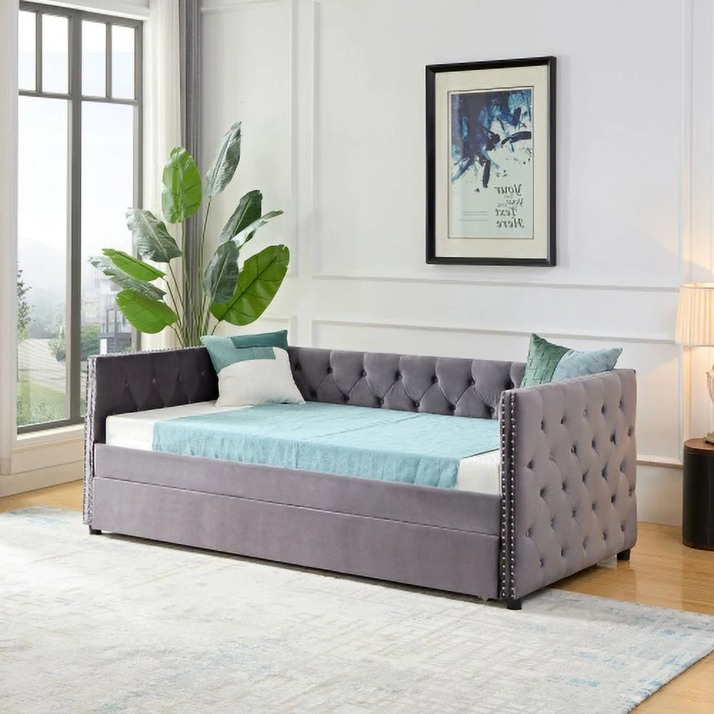 Grey Velvet Upholstered Daybed with Trundle D8799