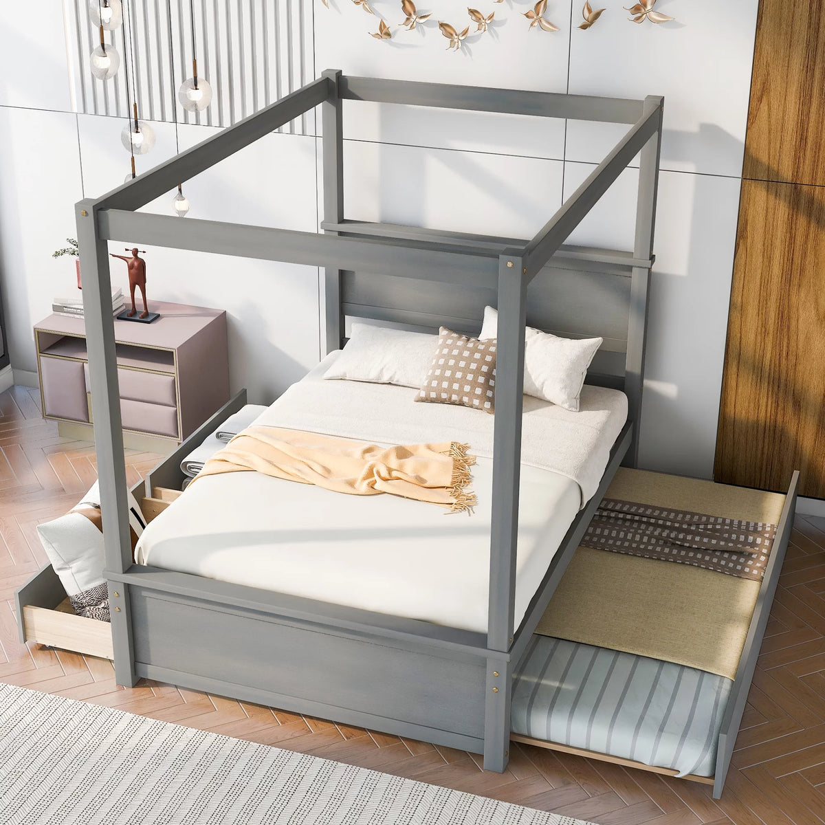 Gray Full Size Canopy Bed Frame with Trundle and 2 Storage Drawers B867