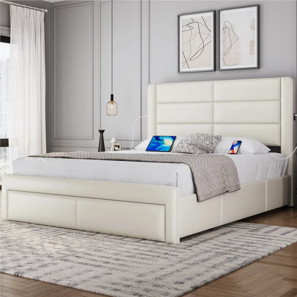 Black Queen Upholstered Platform Bed with 3 Storage Drawers H133