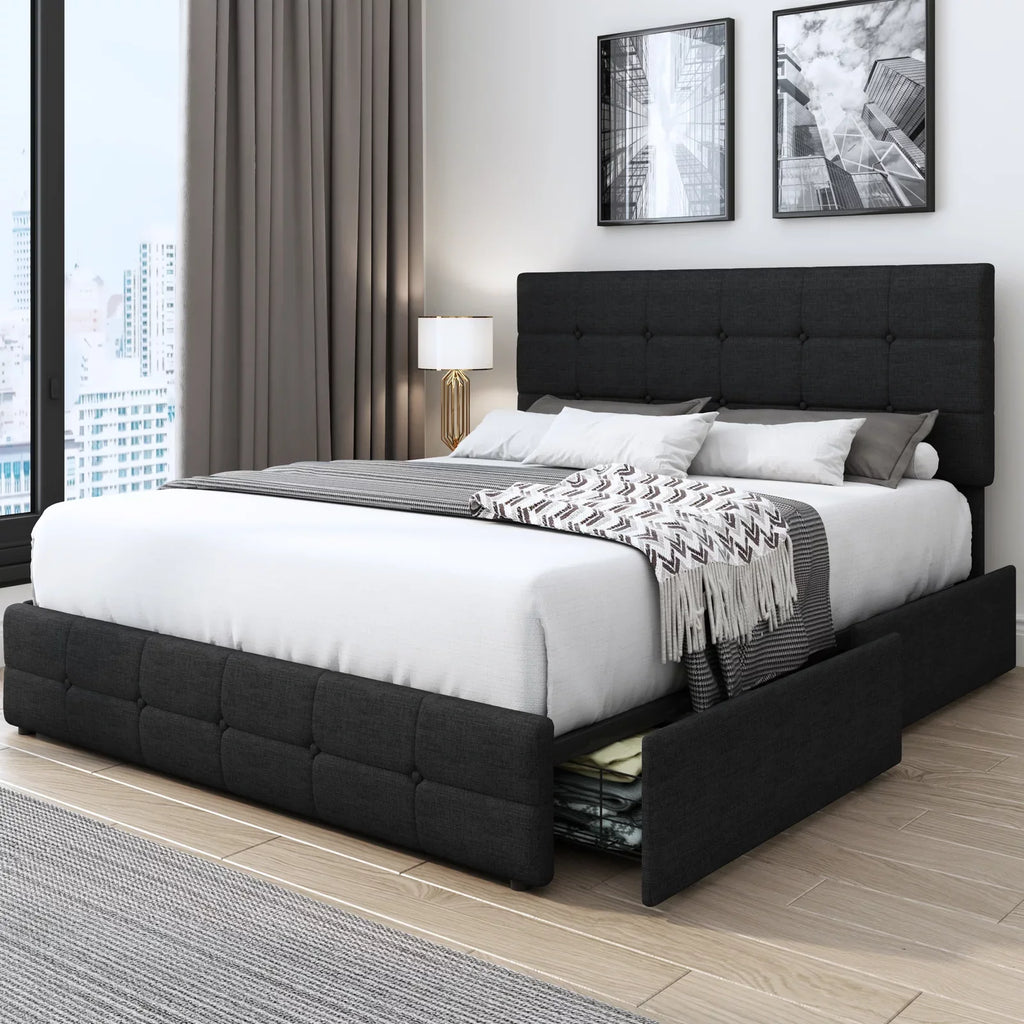Queen Size 4 Drawer Tufted Upholstered Platform Bed Frame P742493