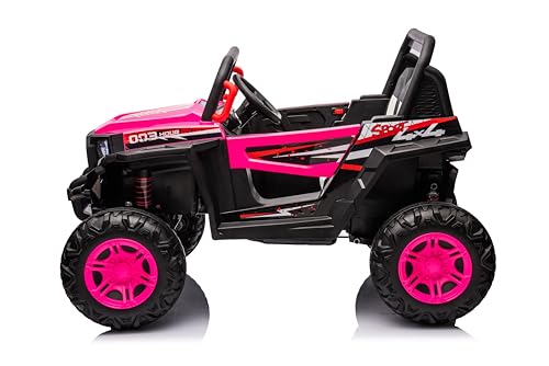 24V Ride on Car Kids Side by Side with Remote Control, 2 Seater 4WD Kids UTV Off-Road Power Wheels, Battery Powered Kids Cars to Drive w/ 4x100W Engine, 3 Speeds, Bluetooth, LED Lights (Pink) E9847
