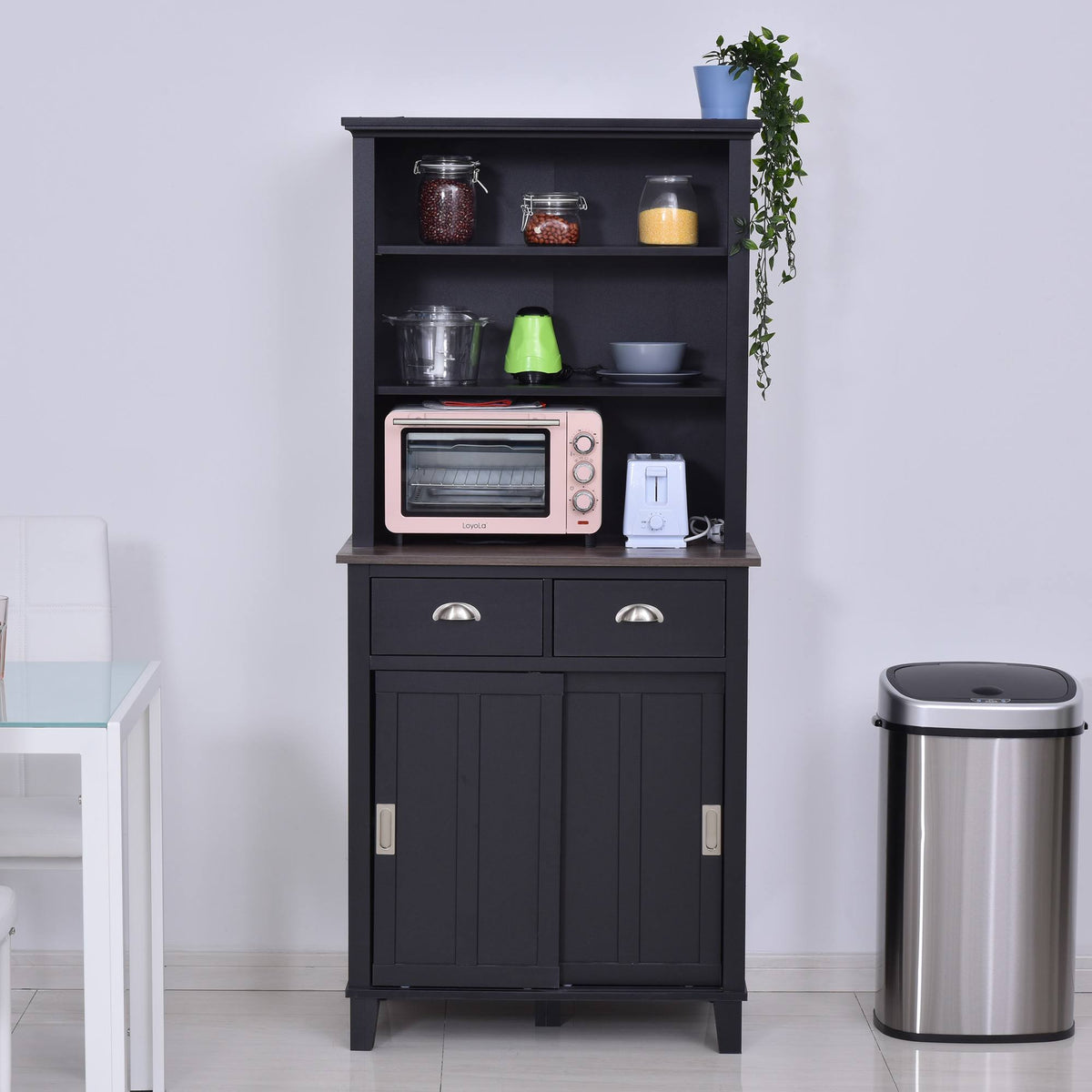 Black Freestanding Kitchen Pantry Cabinet with Sliding Doors and Open Shelves Q685