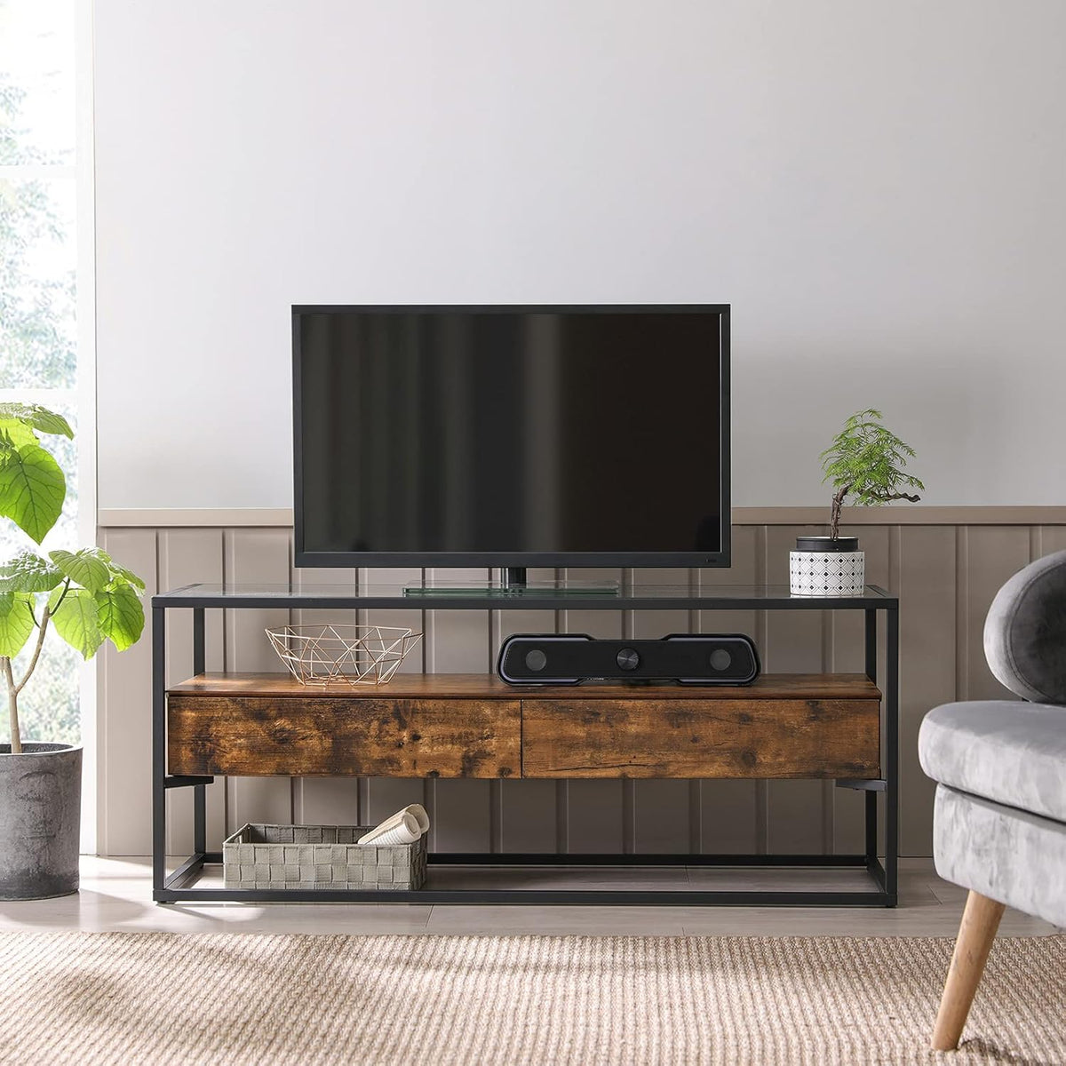 Rustic Brown and Black TV Cabinet with 2 Drawers G651588