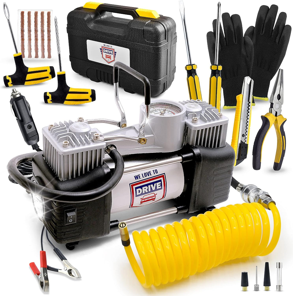 12V DC 150 PSI Portable Air Compressor & Tire Repair Kit with PSI Gauge, Adaptors, Hose, Car Plug, Clip Connectors, Tire Inflator & Tire Patch Kit N332024