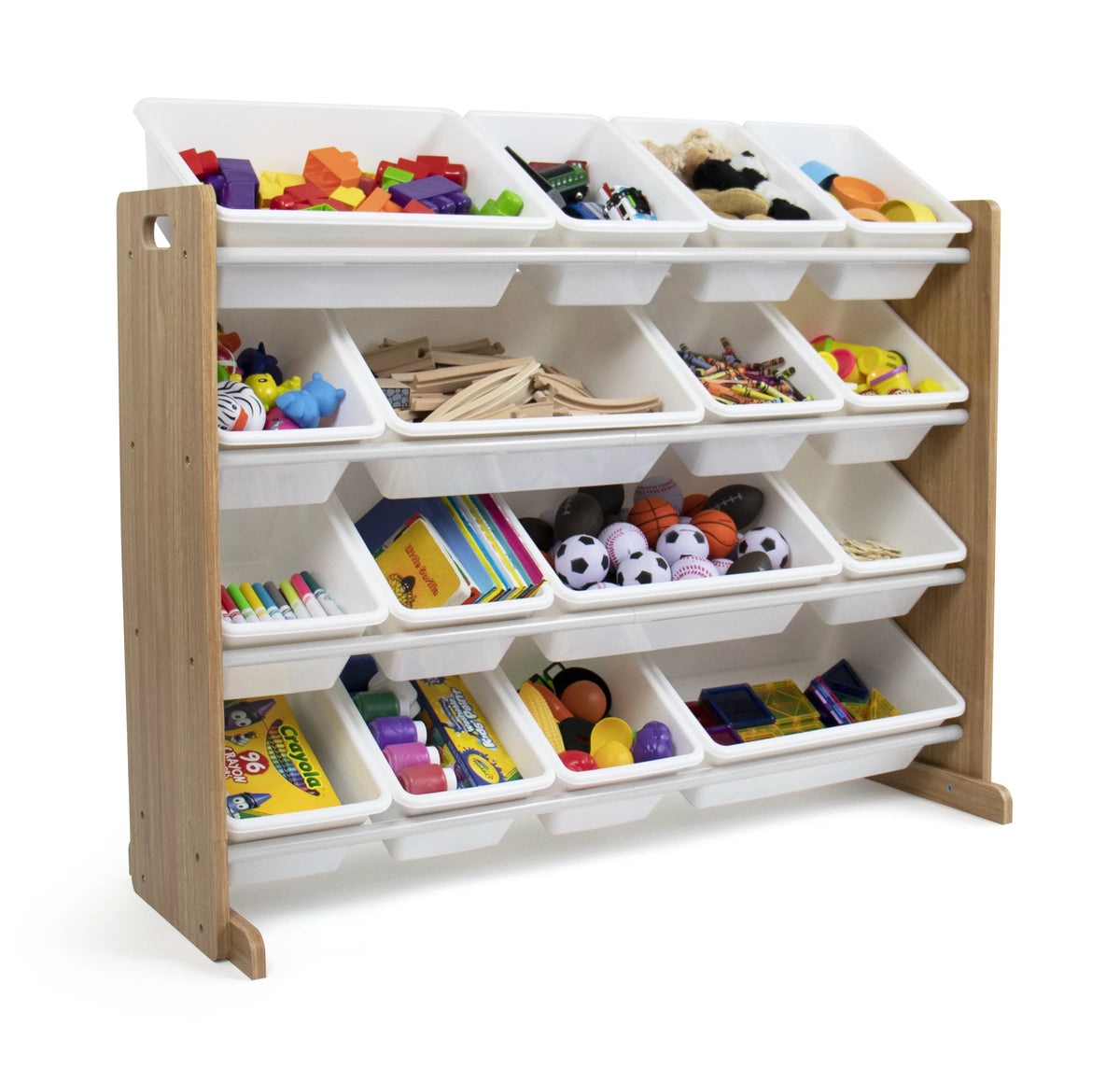 Kids Wood Toy Storage Organizer with 16 White Plastic Bins O402