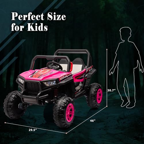 24V Ride on Car Kids Side by Side with Remote Control, 2 Seater 4WD Kids UTV Off-Road Power Wheels, Battery Powered Kids Cars to Drive w/ 4x100W Engine, 3 Speeds, Bluetooth, LED Lights (Pink) E9847