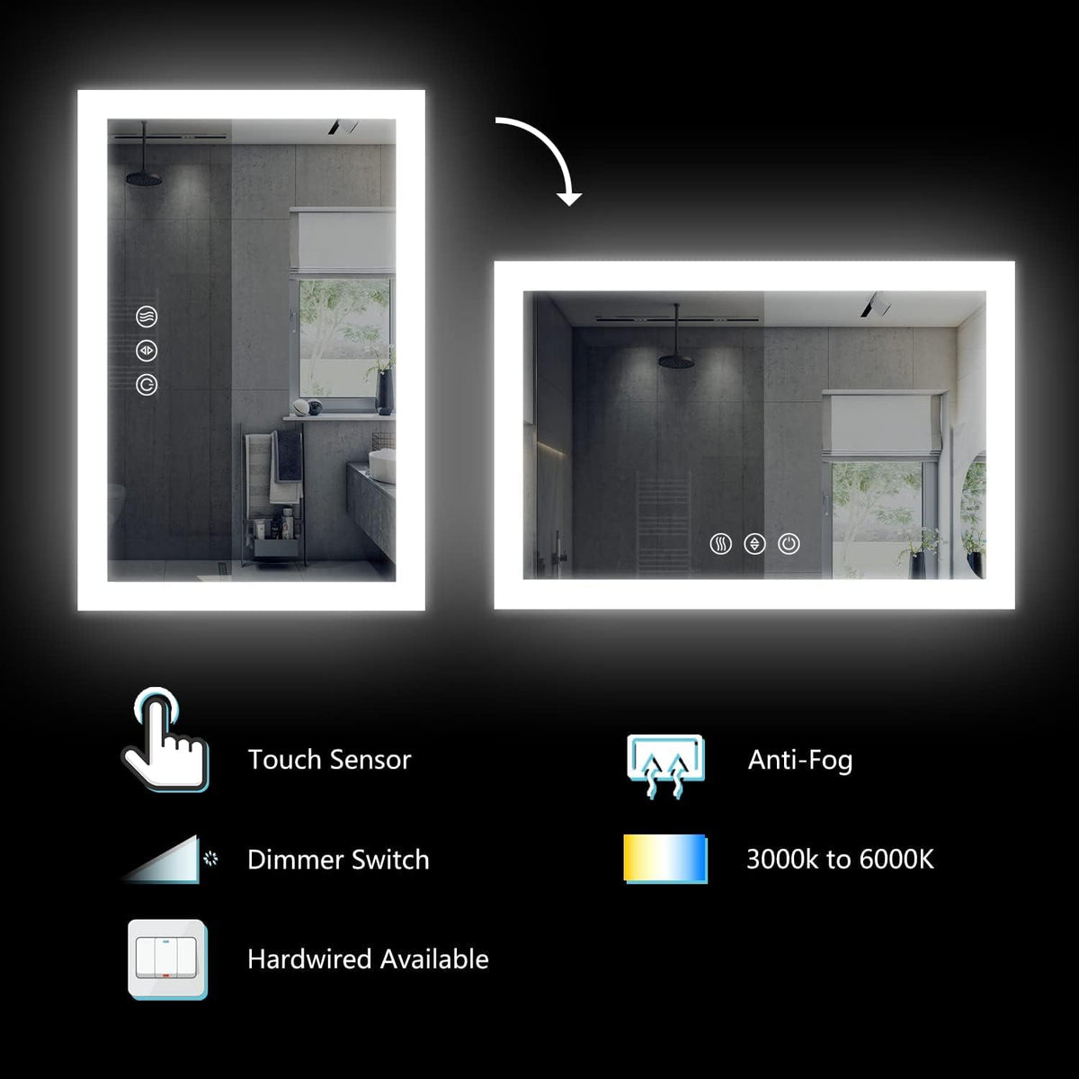 24X36 Inch LED Vanity Mirror Wall Mounted Lighted Bathroom Mirror Dimmable Touch Button O80592