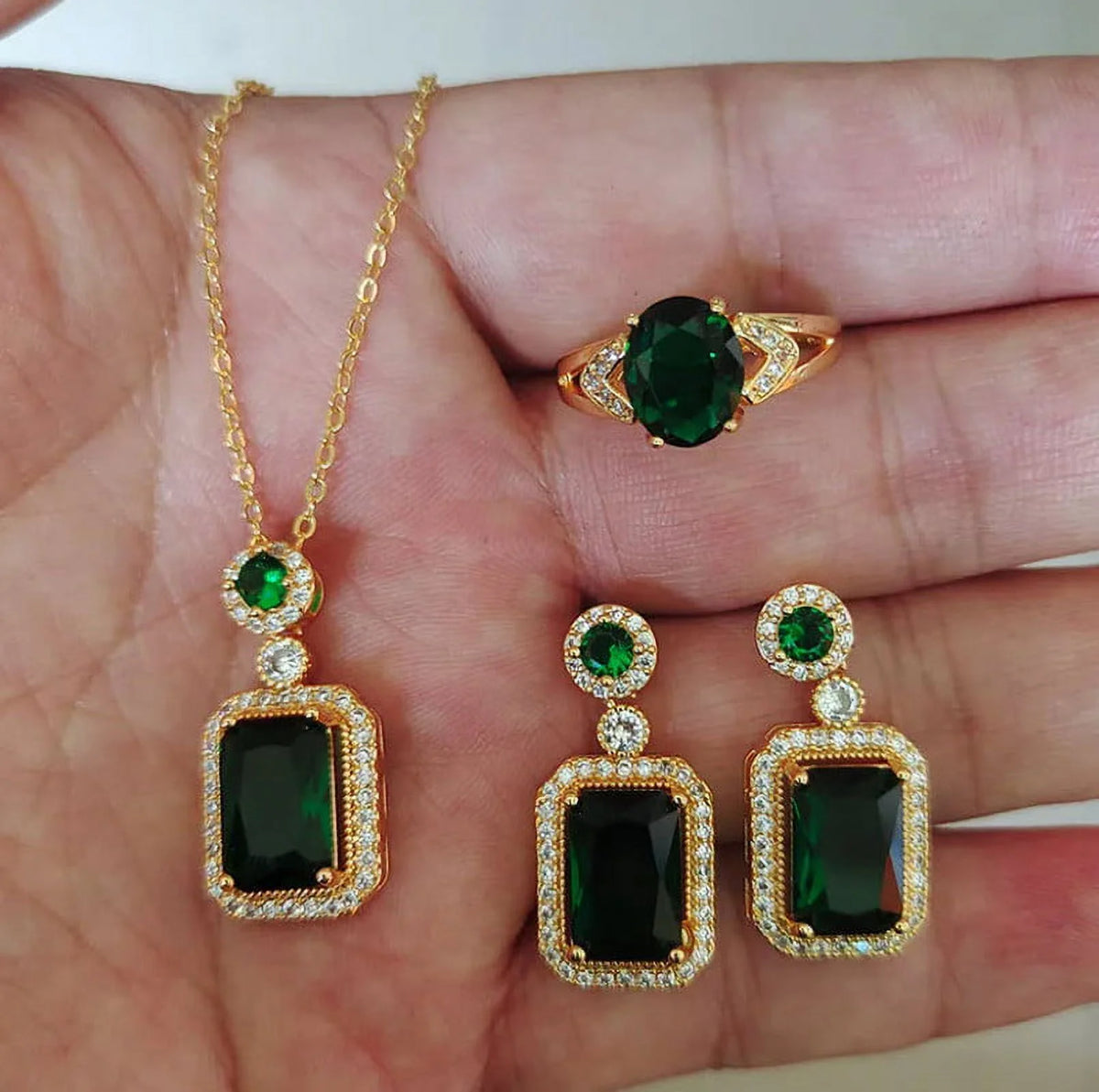 3Pcs/Set Iced Out Cubic Zirconia Green Gemstone Ring Necklace Earrings Gold Plated Jewelry Sets Q3103