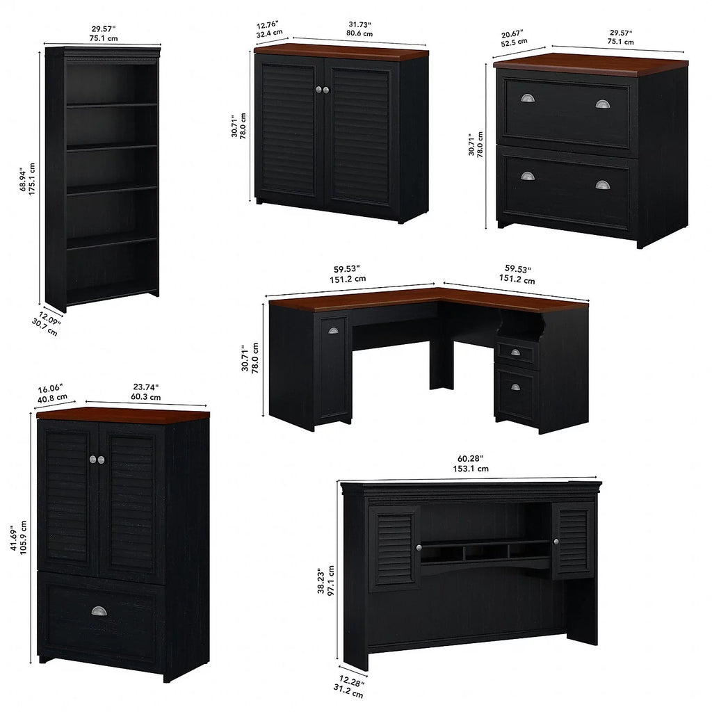 Black L Shaped Desk with Hutch and Storage D29221