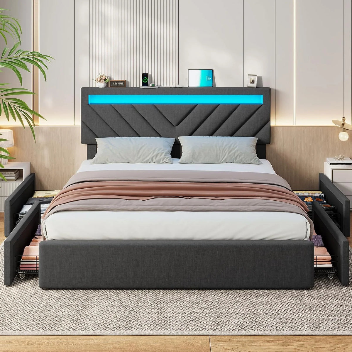 Queen Size LED Bed Frame with Drawers B6981