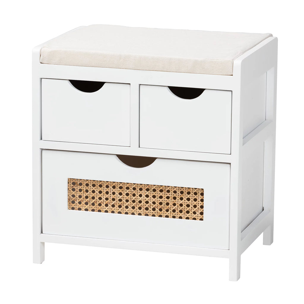 Light Beige Fabric White Wood 3-Drawer Storage Bench with Natural Rattan B357