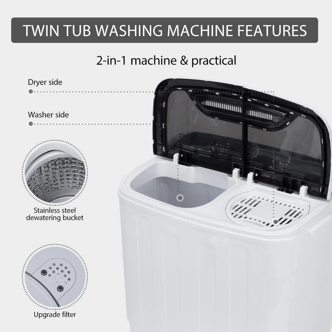 Portable 2 in 1 Twin Tub Mini Laundry Washer and Spin Dryer Combo 13.5lbs Black & White D88673