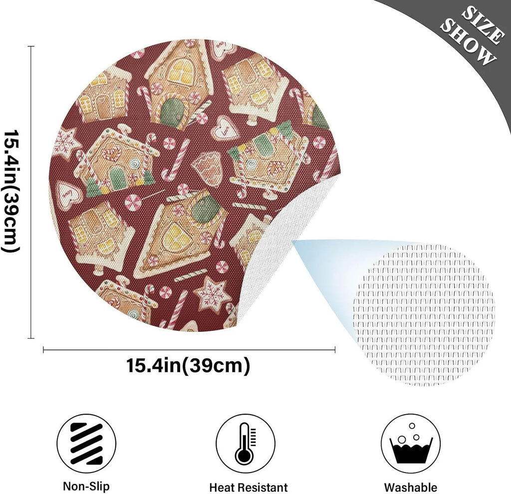 Christmas Gingerbread House Round Placemats Set of 6 Non-Slip PVC Washable Heat Resistant 15.4 Inch U1486