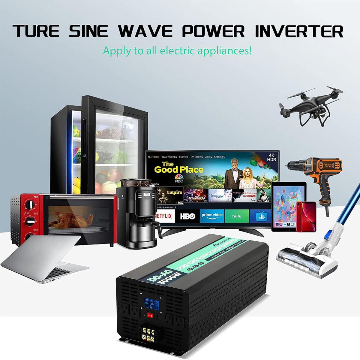 5000W Pure Sine Wave Power Inverter 12V DC to 110V AC with Wireless Remote Control LCD Display W862