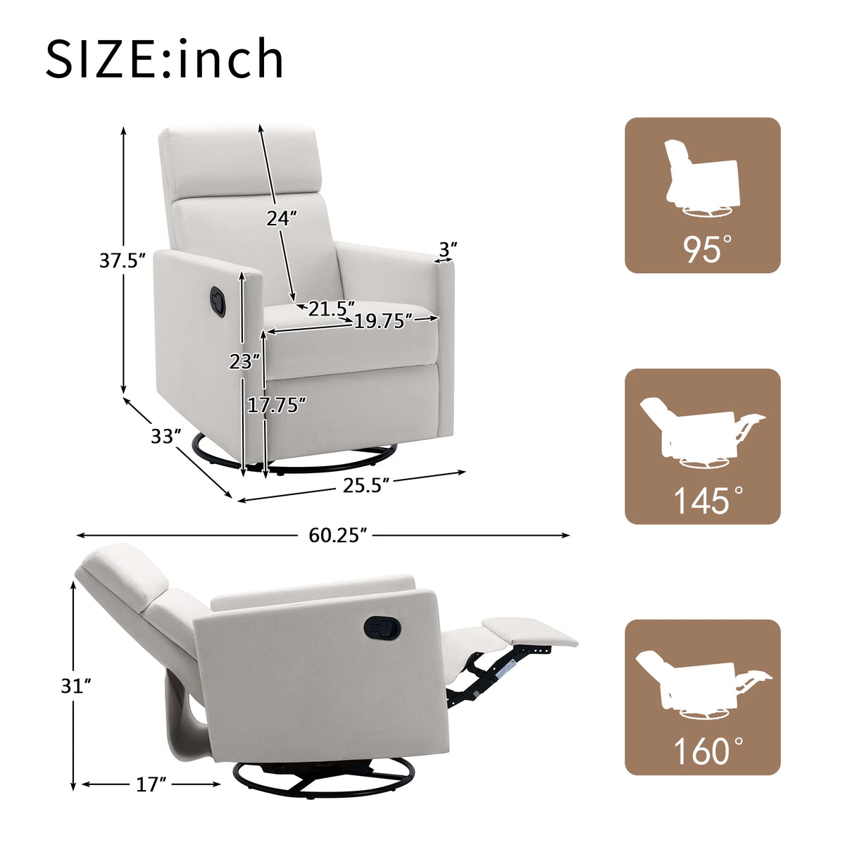 Beige Upholstered Swivel Rocker Recliner Chair L4456