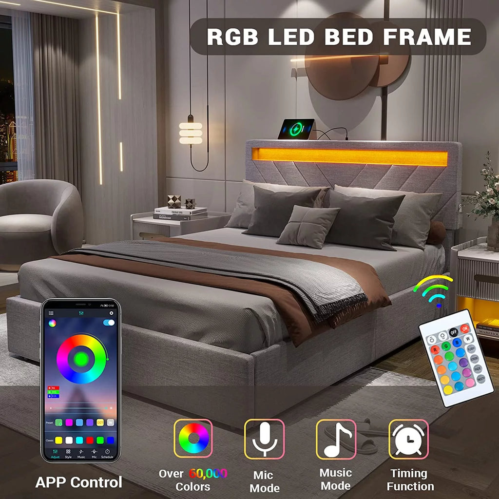 Queen Size LED Upholstered Platform Bed Frame with Drawers Q628331
