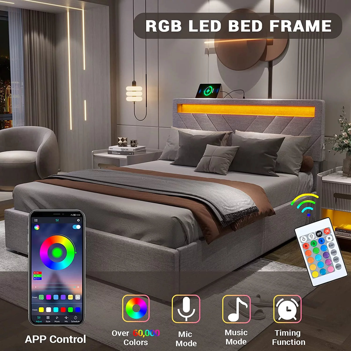 Queen Size LED Upholstered Platform Bed Frame with Drawers Q628331