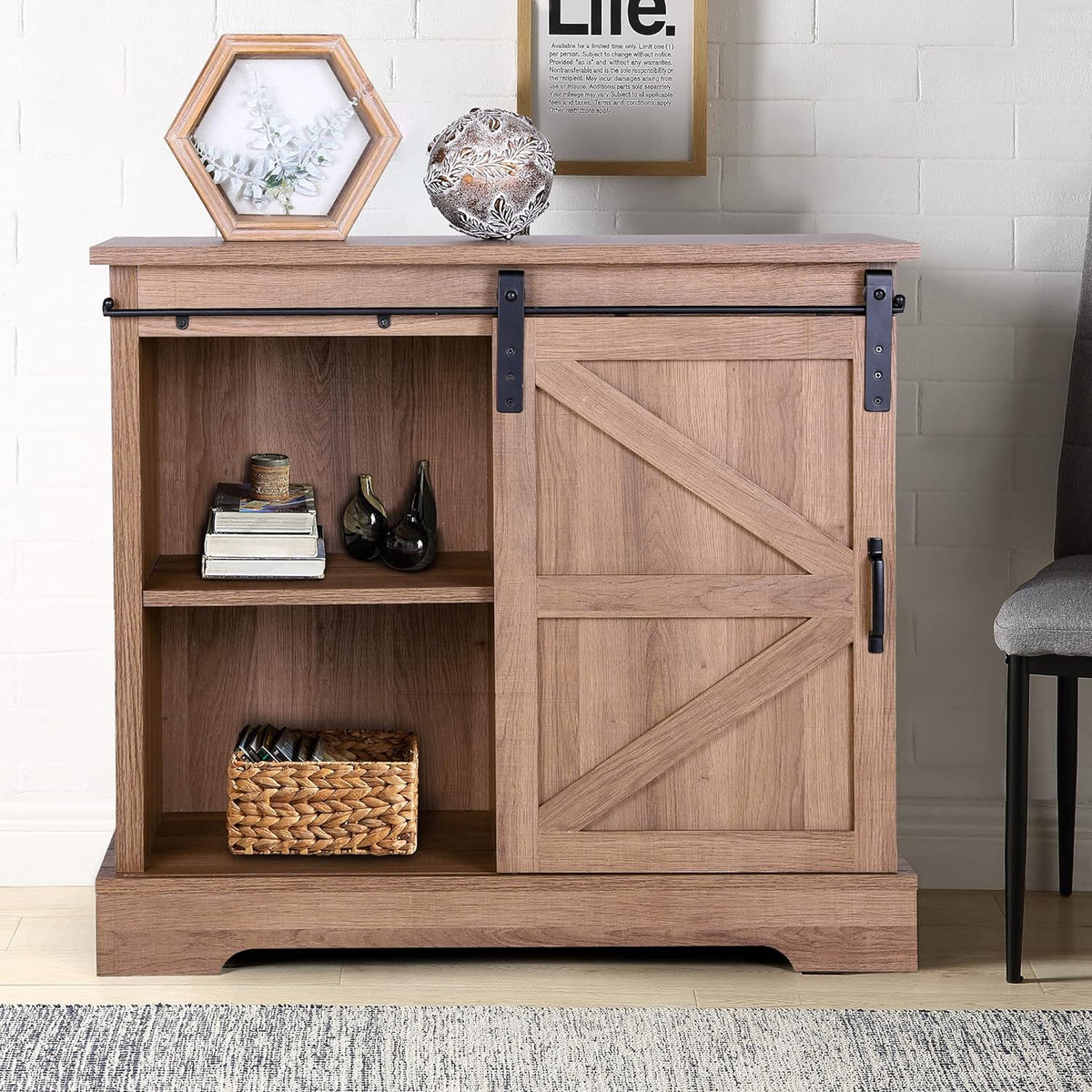 Brown Oak Sideboard Storage Cabinet with Sliding Door Q830219