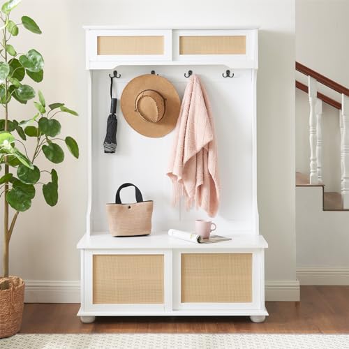 64" 3-in-1 Hall Tree Entryway Four Hooks Rattan Door Shelves Shoe Storage Bench Cabinets with Solid Feet J853