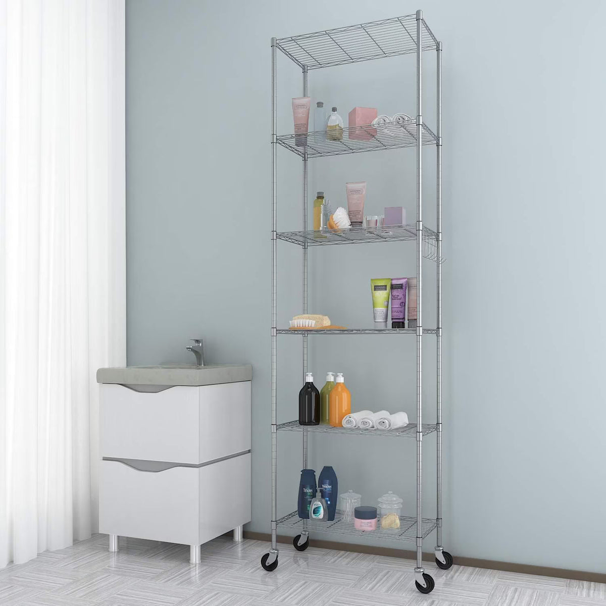 6 Shelves Wire Metal Heavy Duty Shelving Rack with Wheel, Silver V2839