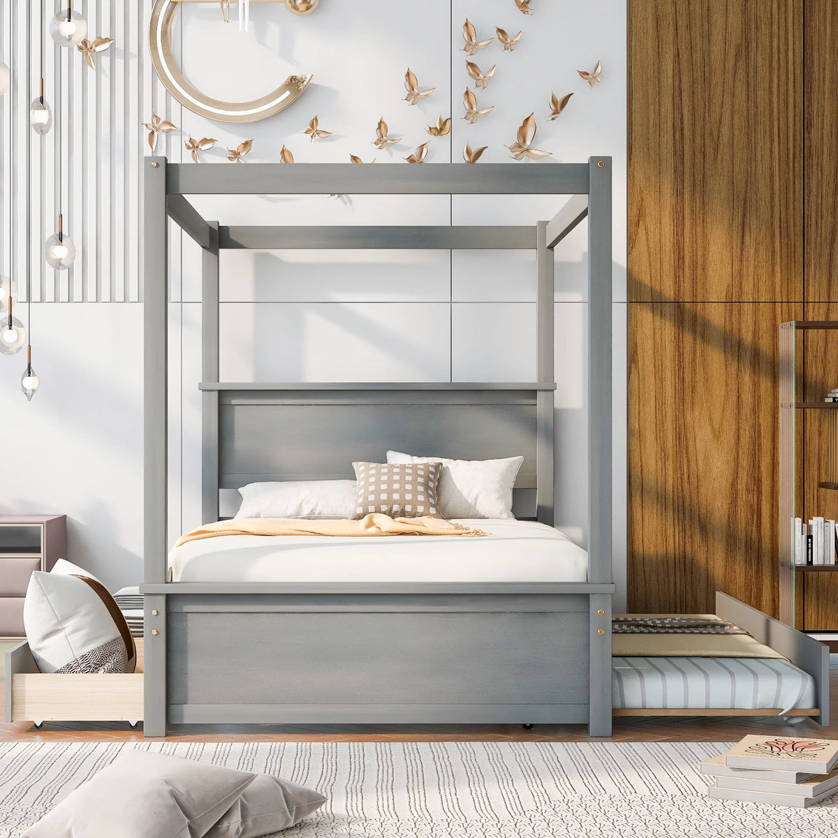 Gray Full Size Canopy Bed Frame with Trundle and 2 Storage Drawers B867