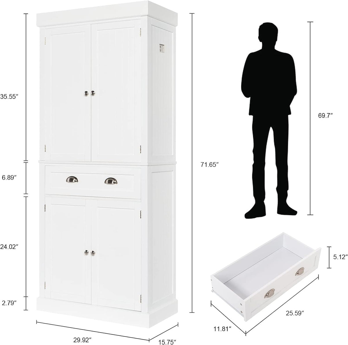 White 72" Tall Freestanding Wood Pantry Cabinet with Doors and Shelves U824
