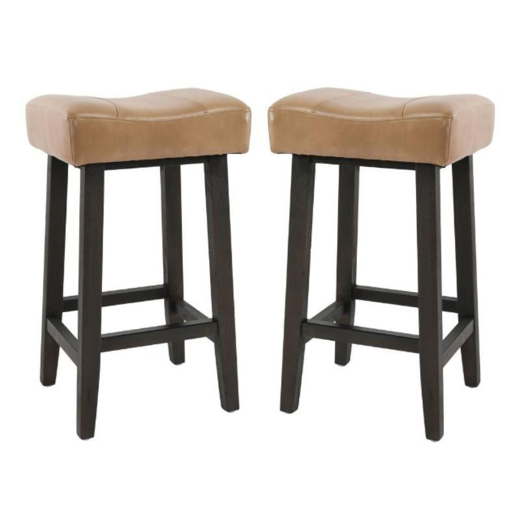 Camel Beige Leather and Wood Backless Bar Stool Set of 2 G9846