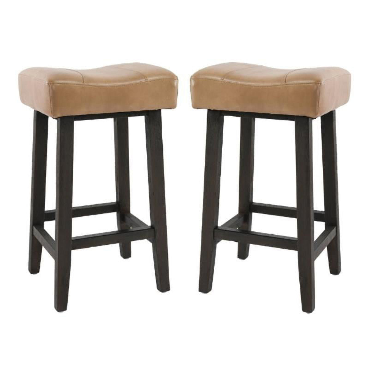 Camel Beige Leather and Wood Backless Bar Stool Set of 2 G9846
