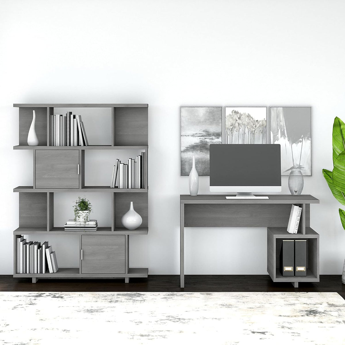 Modern Gray Writing Desk with Etagere Bookcase C9989